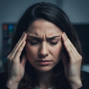 Natural headache relief showing a woman experiencing head tension and pressure, seeking calm, clarity, and gentle healing at MindShift