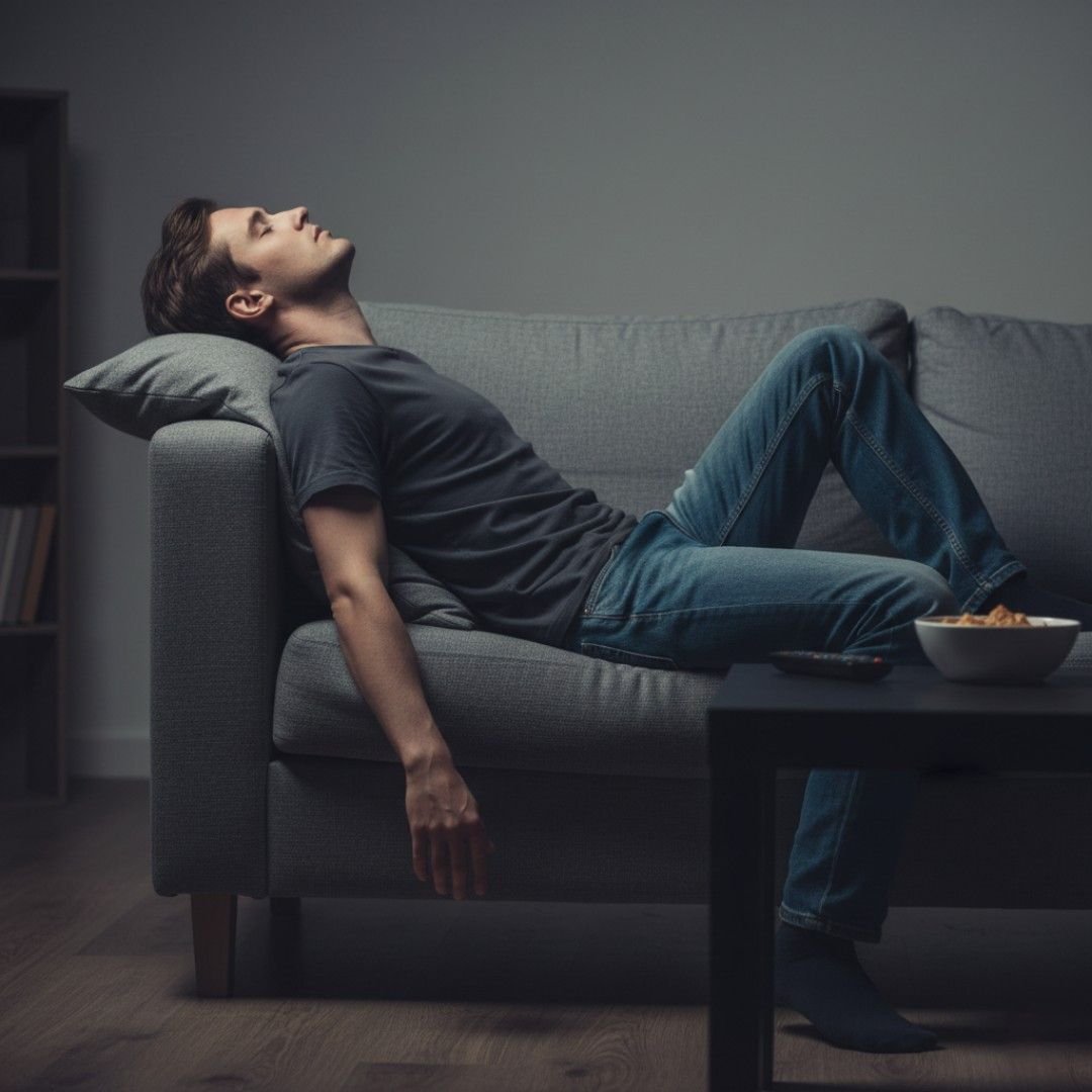 Natural energy healing showing a tired person experiencing fatigue and low energy, seeking focus, clarity, and steady vitality at MindShift