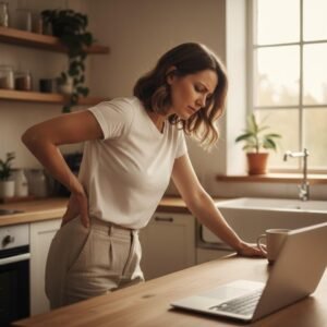 Natural back pain relief showing a woman experiencing lower back pain and stiffness, seeking gentle healing to move comfortably again at MindShift