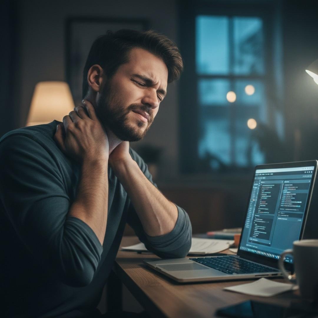 Natural cervical and neck pain relief showing a man experiencing neck stiffness and discomfort while working, seeking gentle healing at MindShift