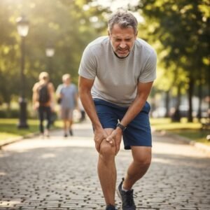 Natural knee pain relief showing a man experiencing knee discomfort while walking, seeking gentle healing to move comfortably again at MindShift