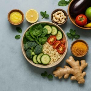 Balanced nutritional fitness meal with fresh vegetables, whole grains, nuts and natural ingredients supporting holistic health and natural healing at MindShift