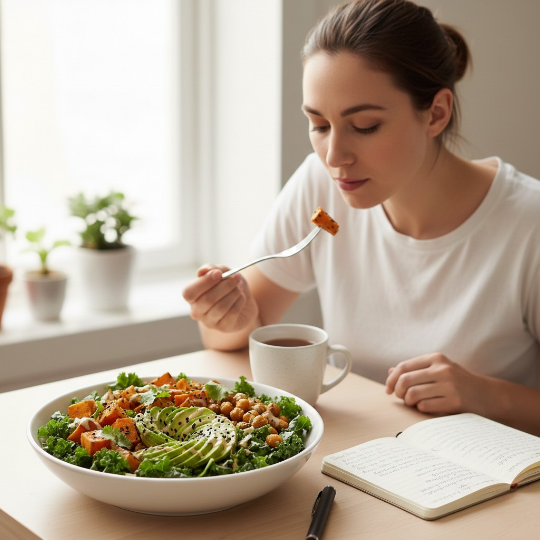 Woman practicing mindful eating at a dining table